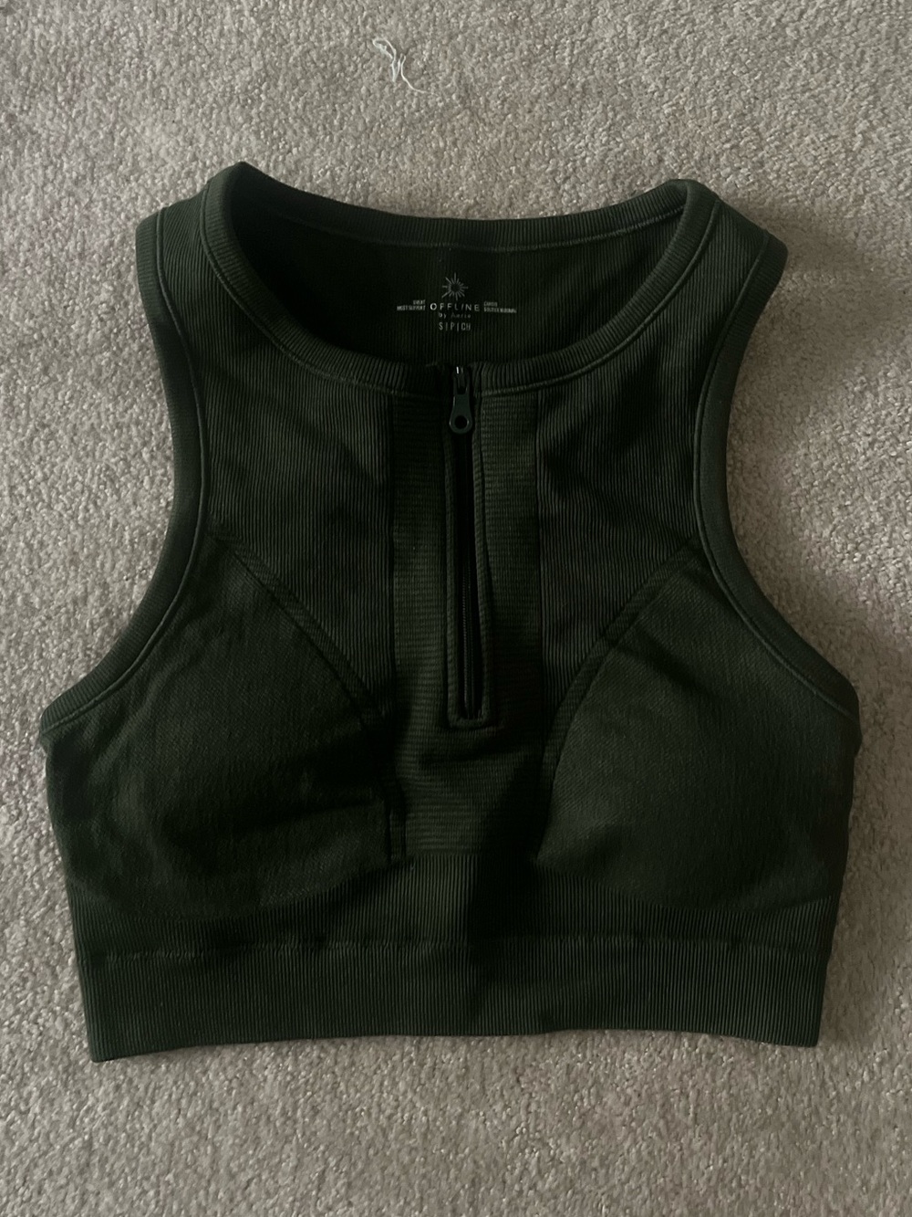 Aerie Army Green Zip-Front Ribbed Athletic Crop Tank Top